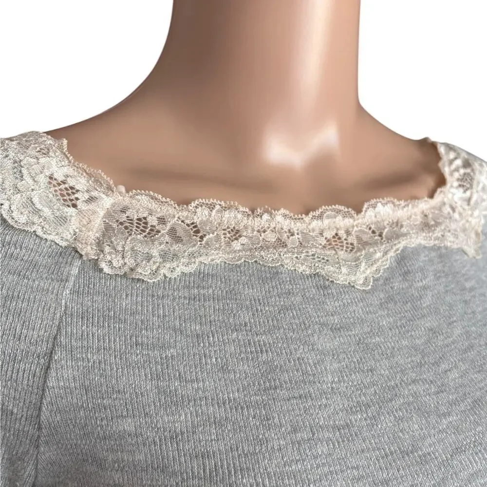 Free People Lace Trim Thermal Top Bell Sleeve Coquette Light Boho Gray NWT M - Picture 3 of 8